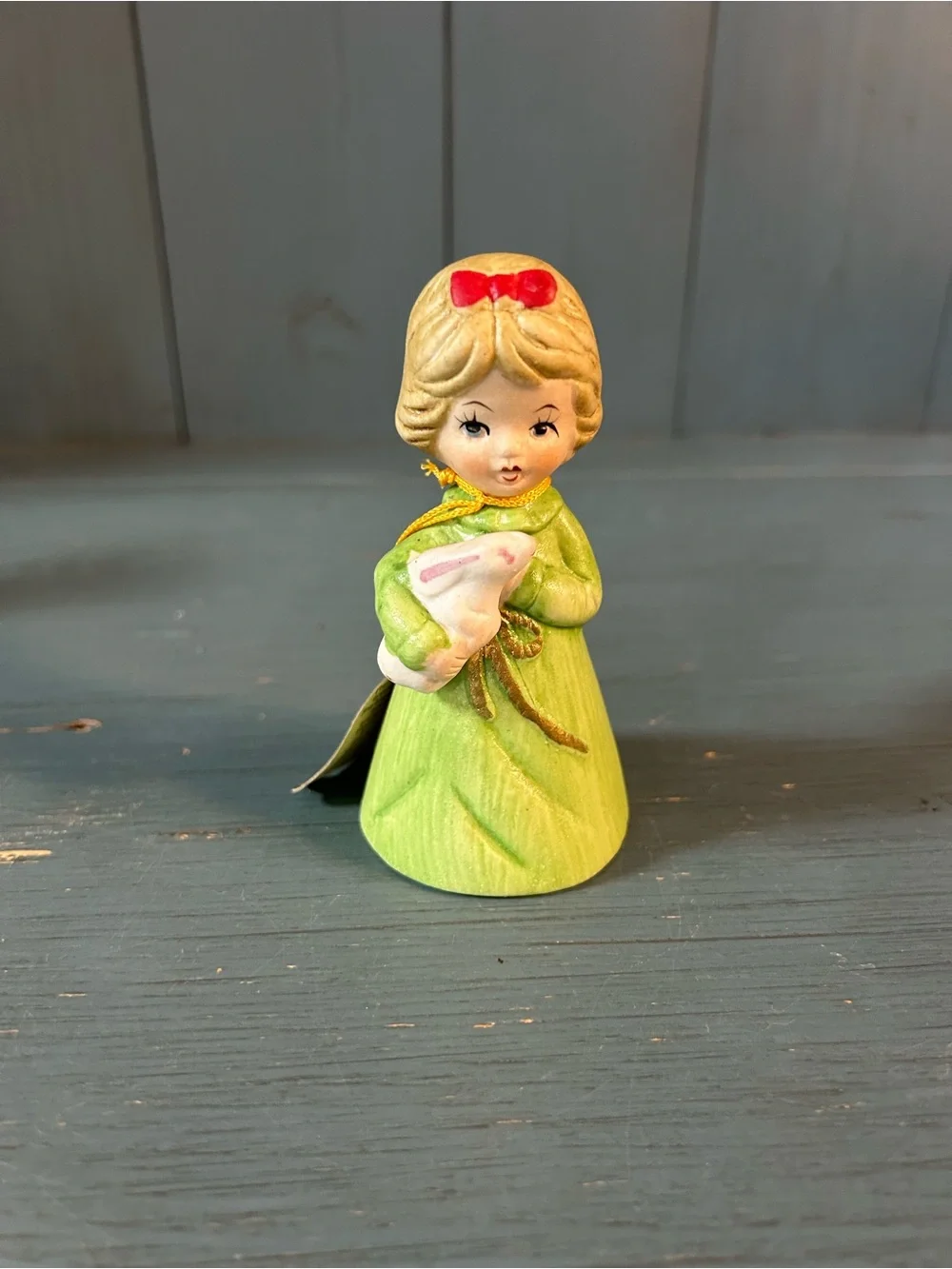 JASCO Vintage 1978 Merri Bells - Green Girl Figurine Holiday Decor with Bunny